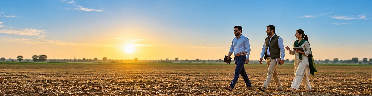 Three farmers walking through their field with the sunset behind them