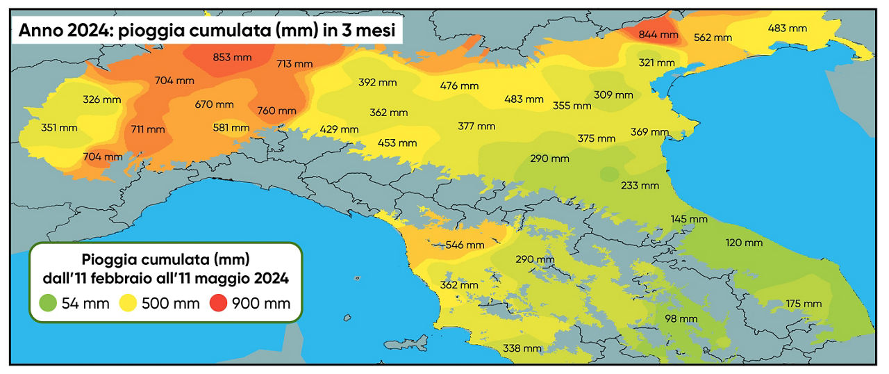 Grafico delle precipitazioni cumulate nella primavera 2024 nel Nord e Centro Italia