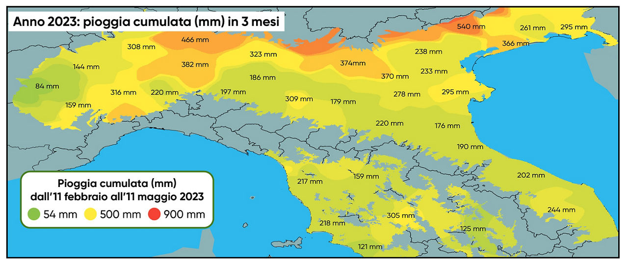 Tabella delle precipitazioni cumulate nella primavera 2024 nel Nord e Centro Italia