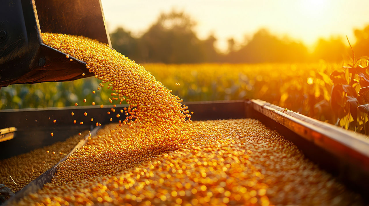 Vista em grande plano de um fluxo denso de grãos de milho amarelos a cair do tubo de descarga de uma ceifeira debulhadora para a caçamba de um reboque agrícola. Ao fundo, a luz dourada do sol poente ilumina o campo de cultivo.