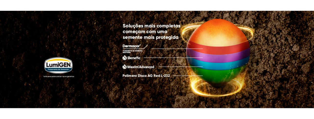 Banner horizontal sobre fundo de solo agrícola com a marca "LumiGEN® – Sorgo" no canto inferior esquerdo. Ao centro, lê-se a frase "Soluções mais completas começam com uma semente mais protegida", seguida por linhas que indicam as 4 camadas da semente ilustrada à direita: Dermacor, Benefic, Maxim Advanced e Polímero Disco AG Red L-232. A semente esférica é envolvida por um brilho dourado e dividida em seções coloridas.