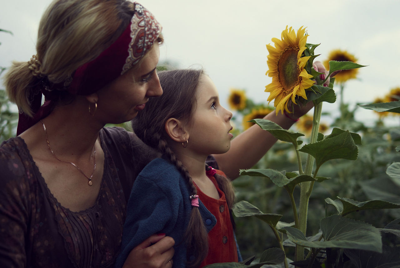 Mother and daughter inspecting sunflower