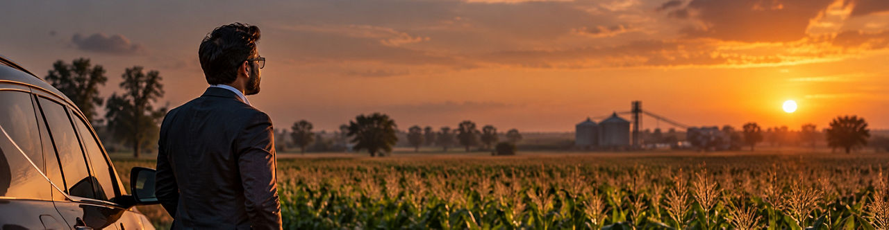 Man standing in truck during sunset